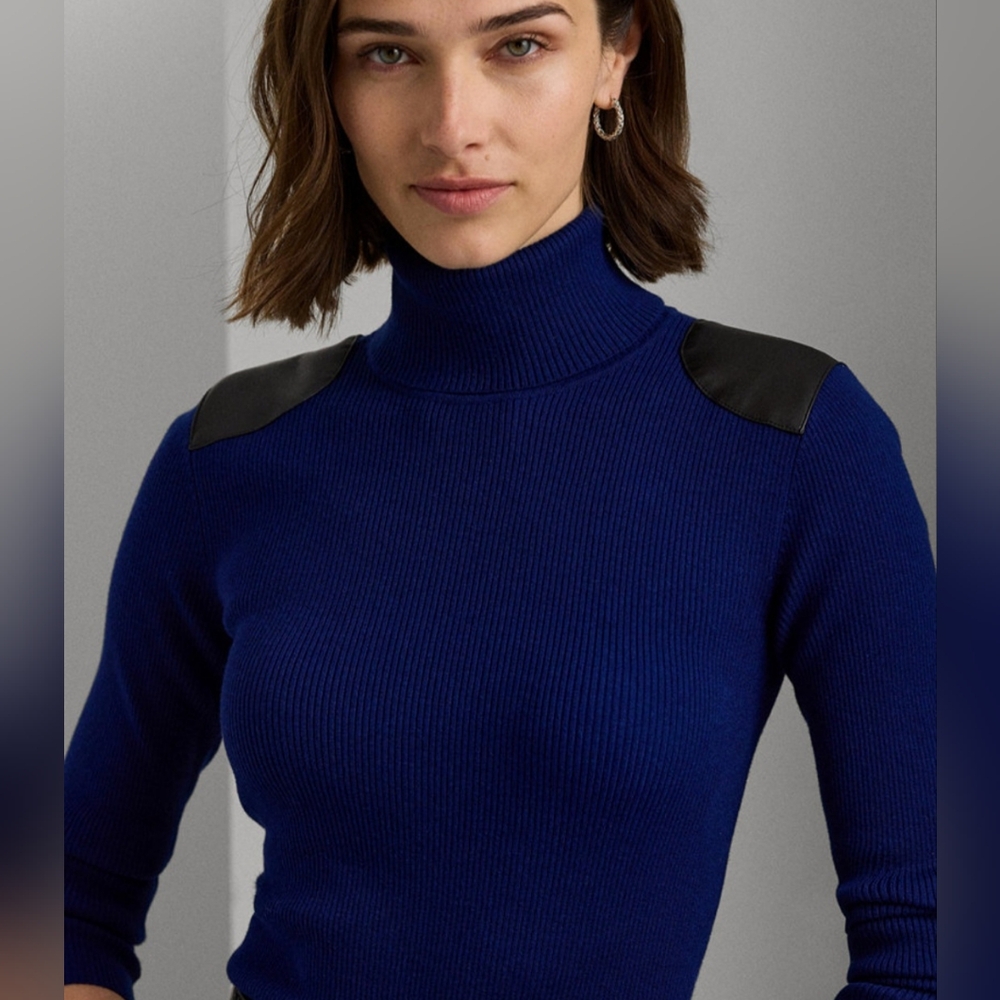 RALPH LAUREN WOMEN'S NAVY FAUX LEATHER RIBBED TURTLENECK SWEATER SIZE LARGE - Picture 3 of 4
